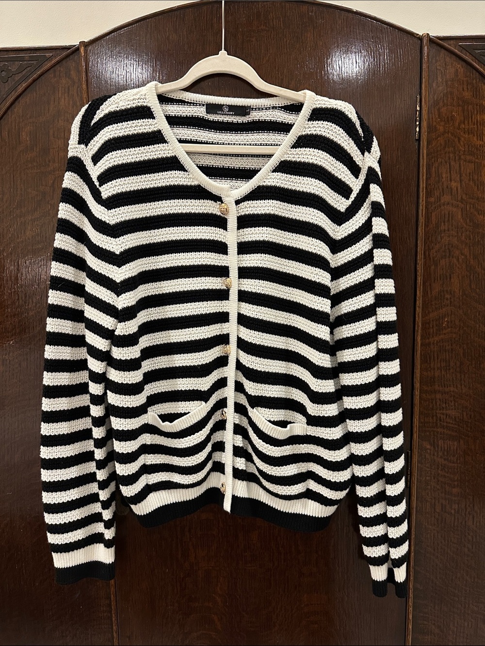 Striped Black and White Button-Front Knit Cardigan